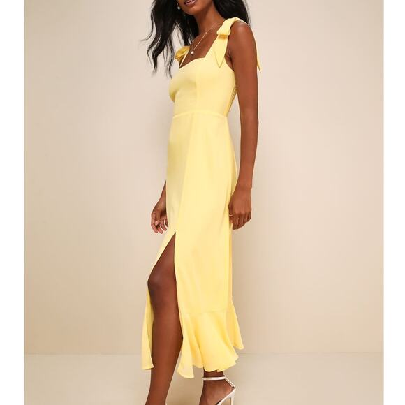 Lulus NWOT Summer Invite Yellow Tie-Strap Woven Chiffon Tiered Midi Dress XL - Picture 2 of 10